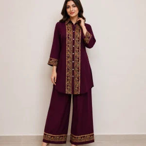 Wine Flora Embroidery Kurti Plazo
