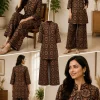 Dark-Brown-Printed-Kurti-Plazo (2) Dark Brown Printed Kurti Plazo Set for Women