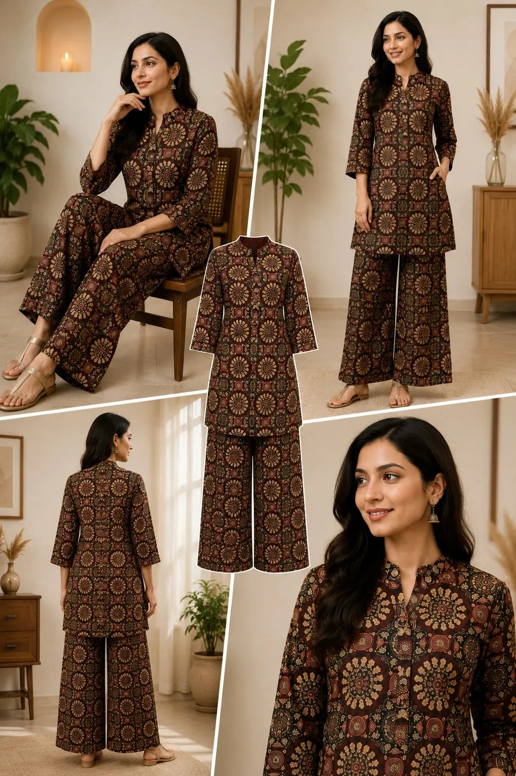 Dark-Brown-Printed-Kurti-Plazo (2) Dark Brown Printed Kurti Plazo Set for Women