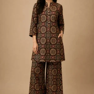 Dark Brown Printed Kurti Plazo Set for Women