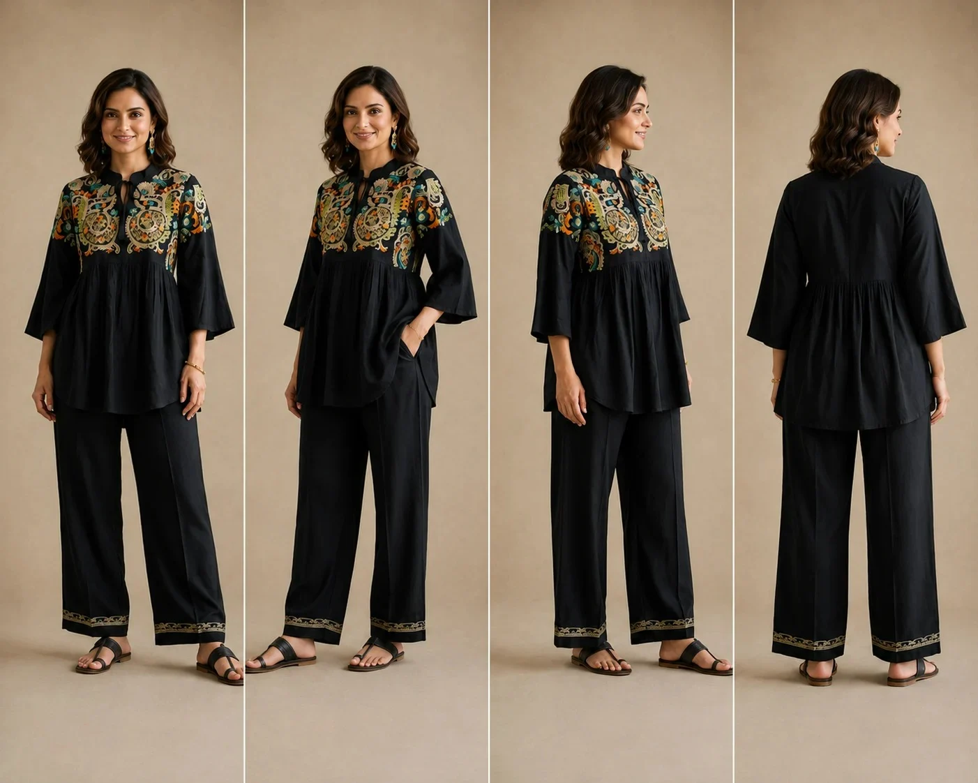black embroidered yoke kurti plazo set for women