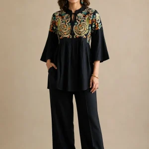 black embroidered yoke kurti plazo set for women