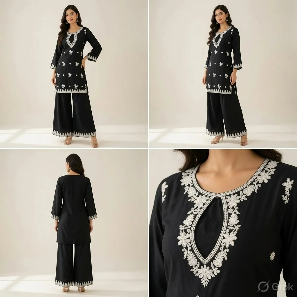 Black Floral Embroidered Kurti Plazo Set for Women