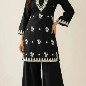 Black Floral Embroidered Kurti Plazo Set for Women