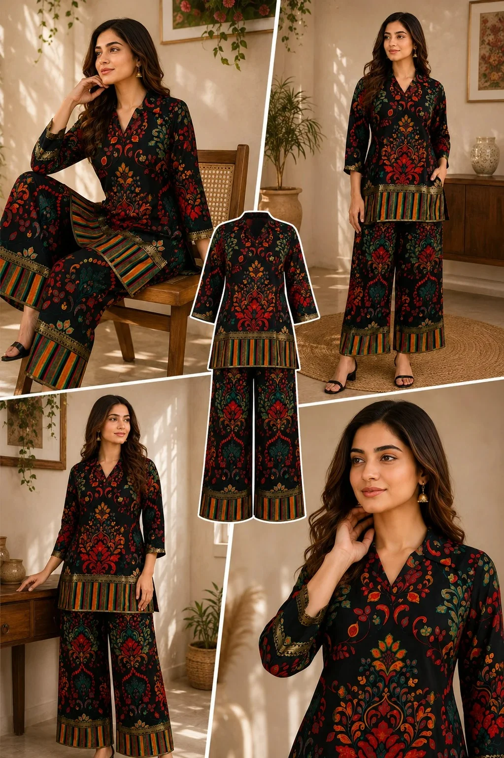 black floral print kurti plazo set for women