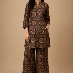 Printed-Kurti Plazo-Dark Brown