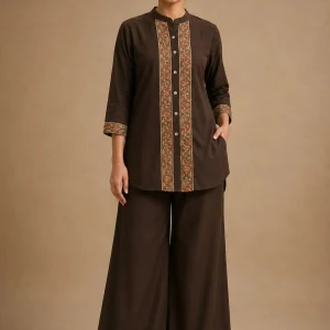 Dark Brown Border Print Kurti Plazo Set for Women