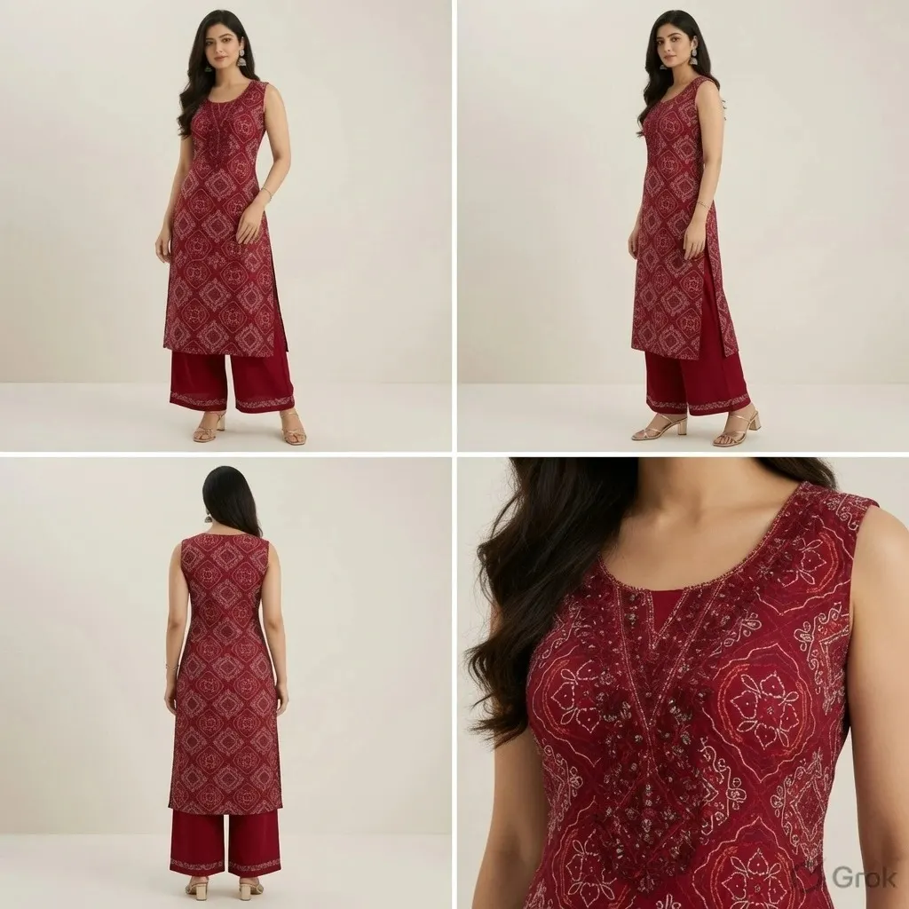 red print long kurti plazo set for women