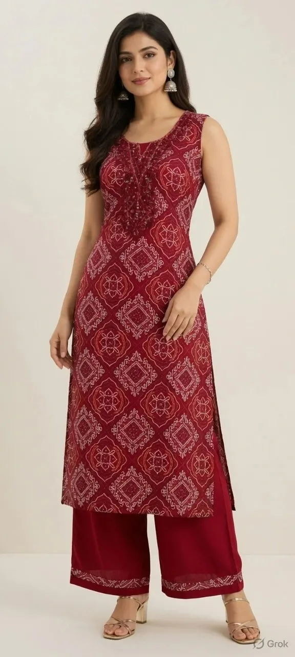 red print long kurti plazo set for women