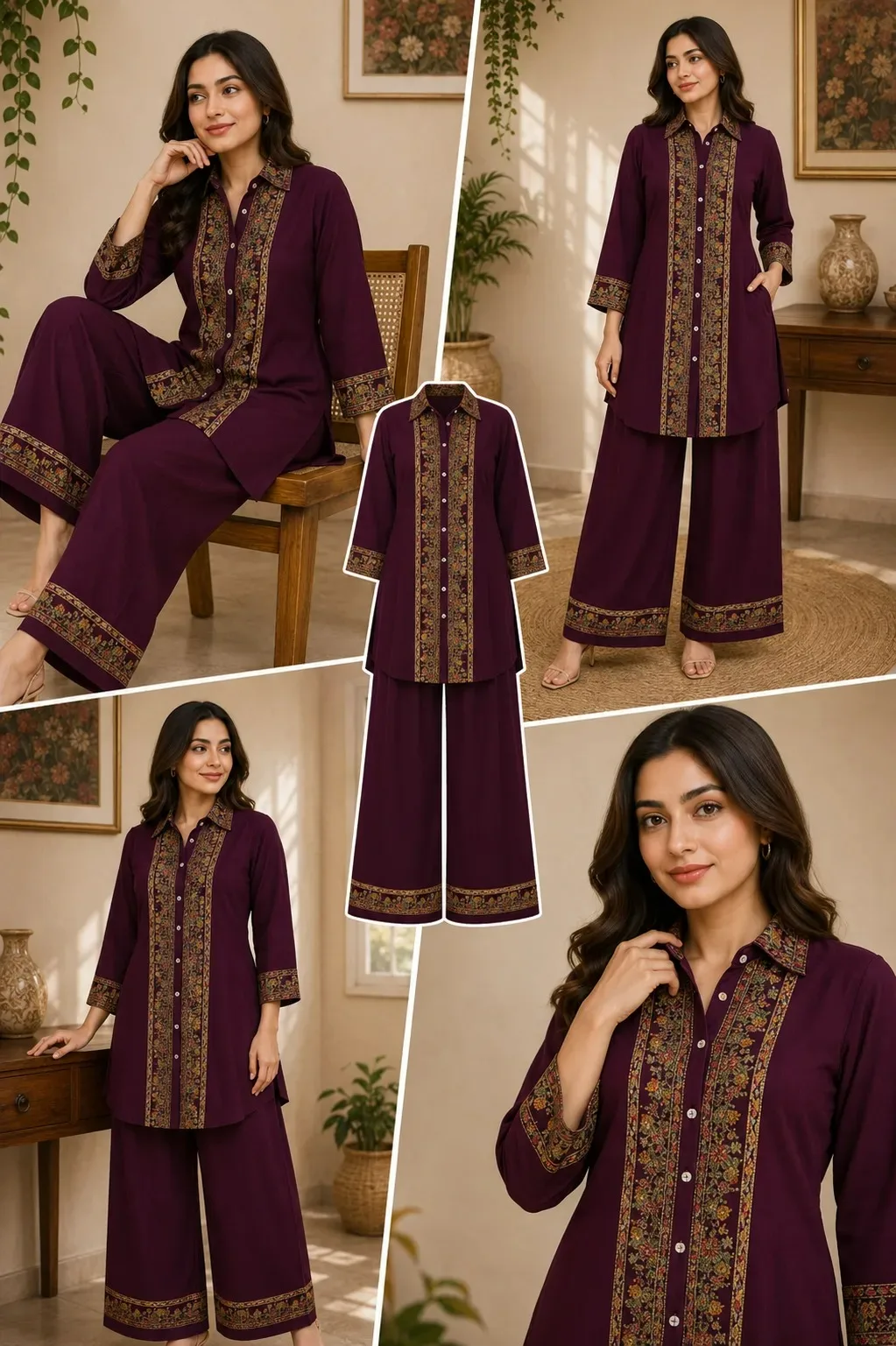 wine border print kurti plazo set for women