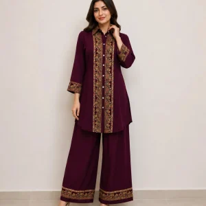 wine border print kurti plazo set for women